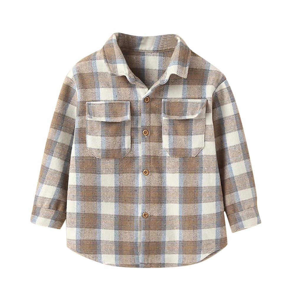 Kids Toddler Flannel Fleece Shirt Jacket Plaid Long Sleeve Lapel Button Down Baby Boys Girls Fall (Beige, 3-4 Years)