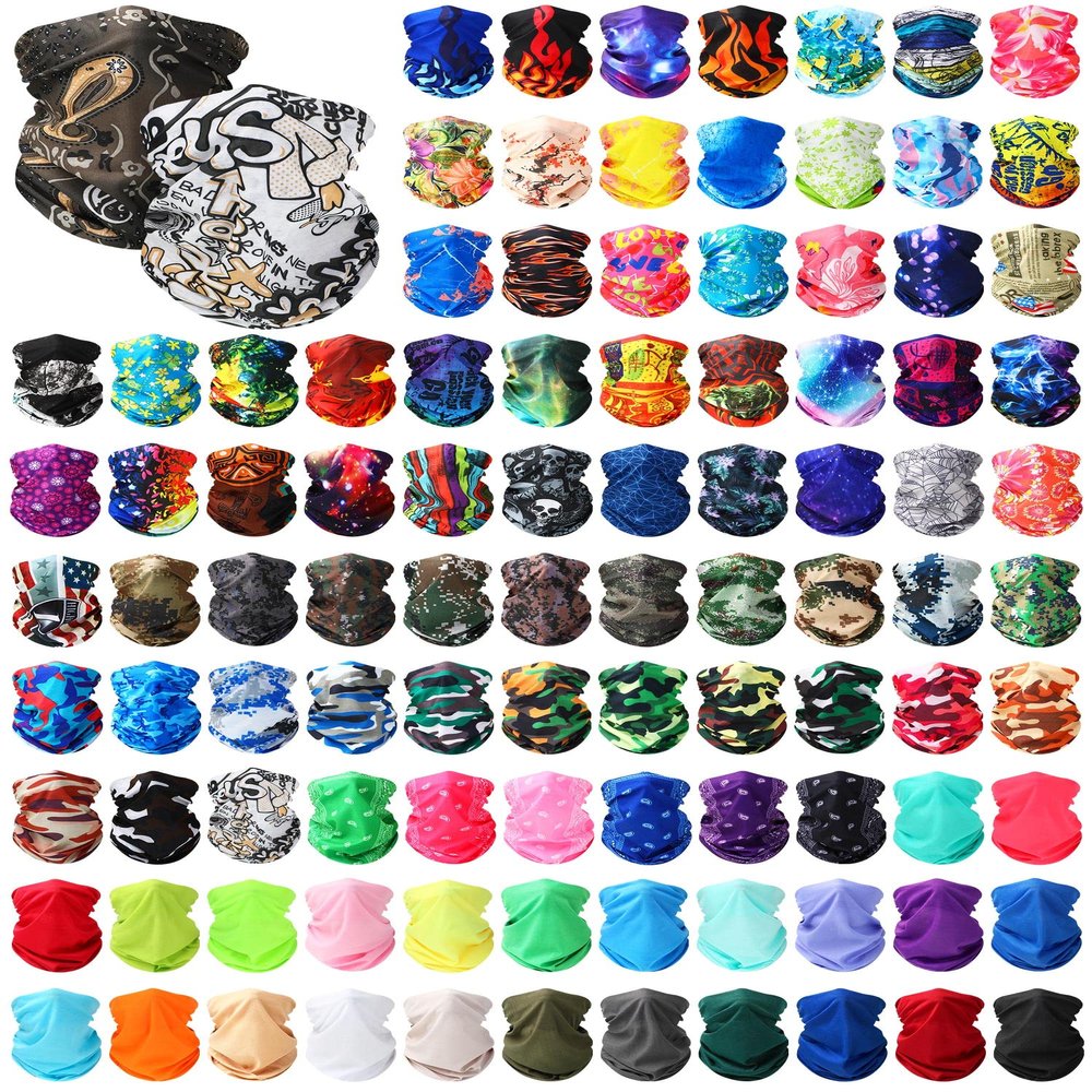 Jeere 100 Pcs Bulk Neck Gaiters for Men Women Balaclava UV Face Mask Headband Face Covering Neck Tube Scarf Outdoor,100 Style(Classic)