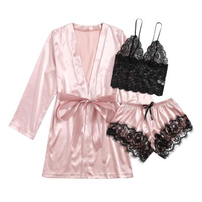 HGps8w Sleepwear for Women 3 Piece Stripe Satin Pajama Set Lingerie Lace Cami Pj Set Sexy V Neck Cami Top with Robe