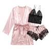 HGps8w Sleepwear for Women 3 Piece Stripe Satin Pajama Set Lingerie Lace Cami Pj Set Sexy V Neck Cami Top with Robe view 1
