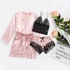 HGps8w Sleepwear for Women 3 Piece Stripe Satin Pajama Set Lingerie Lace Cami Pj Set Sexy V Neck Cami Top with Robe view 2