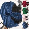 HGps8w Sleepwear for Women 3 Piece Stripe Satin Pajama Set Lingerie Lace Cami Pj Set Sexy V Neck Cami Top with Robe view 3