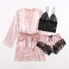 HGps8w Sleepwear for Women 3 Piece Stripe Satin Pajama Set Lingerie Lace Cami Pj Set Sexy V Neck Cami Top with Robe view 4