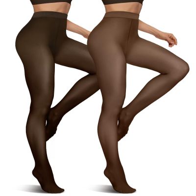 Vertvie 2 Pairs Fleece Lined Tights for Women Thermal Pantyhose Fake Translucent Winter Warm Tights Thick Leggings (220g-Thin Fleece,Coffee Sheer/Black Sheer,Small-Medium)