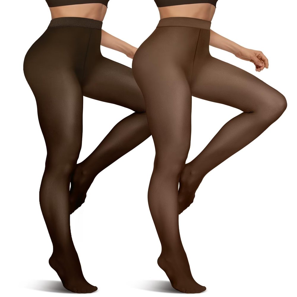 Vertvie 2 Pairs Fleece Lined Tights for Women Thermal Pantyhose Fake Translucent Winter Warm Tights Thick Leggings (220g-Thin Fleece,Coffee Sheer/Black Sheer,Small-Medium)