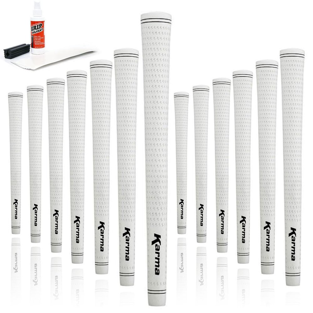 Karma Velour White Midsize Golf Grip Kit with Tape Strips, Grip Solvent, Rubber Vise Clamp, 13 Rubber Velvet Style (+1/32) Oversized Replacement Golf Grips for Men