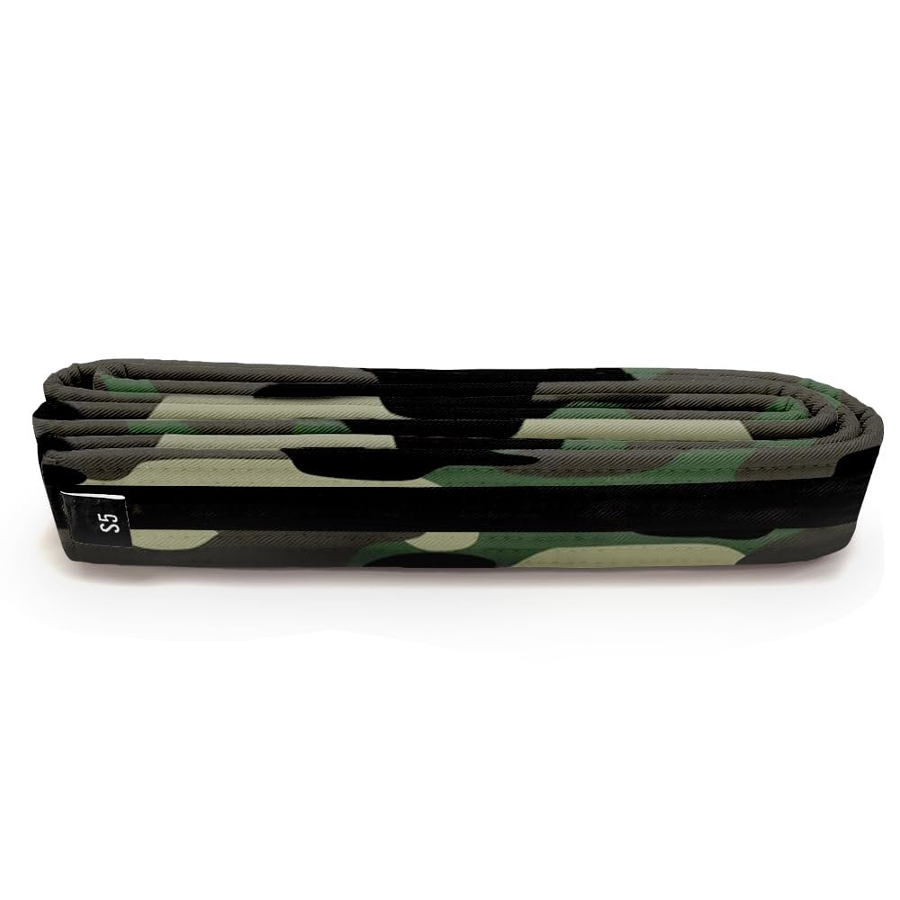 Martial Arts Polyester Belt; Choose Color (Black Stripe), 1.5 in. Width, 8 Rows of Stitching for Karate, Taekwondo, Judo, MMA (Camo, Single Wrap 1 - 52 in.)