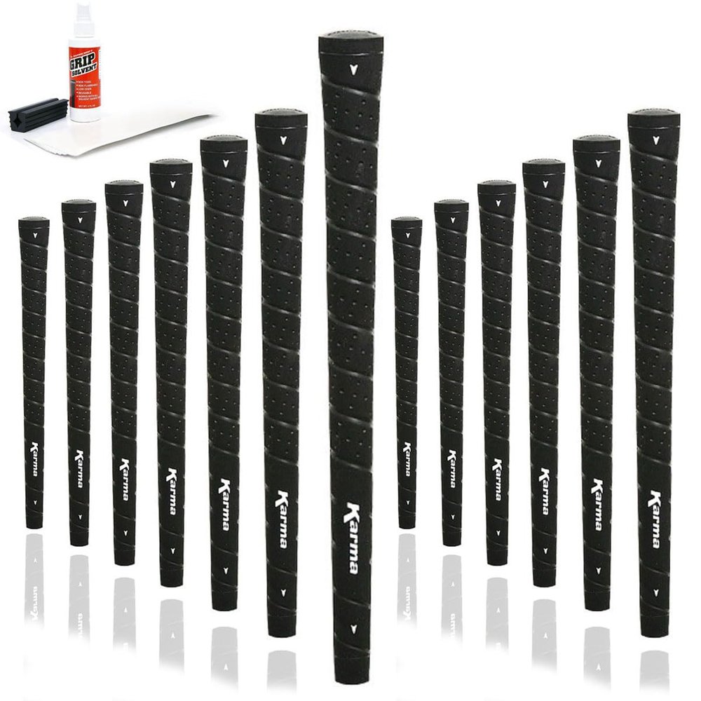 Karma Wrap Golf Grip Kit with Tape Strips, Grip Solvent, Rubber Vise Clamp, 13 Black Standard Size Golf Club Grips
