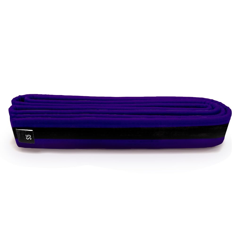 Martial Arts Polyester Belt; Choose Color (Black Stripe), 1.5 in. Width, 8 Rows of Stitching for Karate, Taekwondo, Judo, MMA (Purple, Single Wrap 2 - 58 in.)