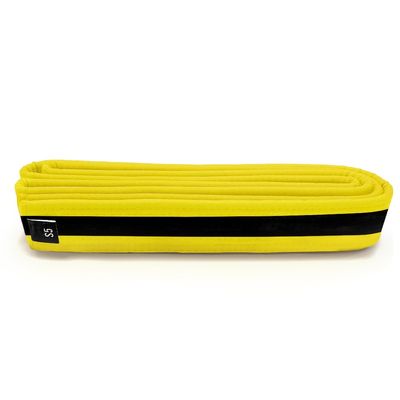 Martial Arts Polyester Belt; Choose Color (Black Stripe), 1.5 in. Width, 8 Rows of Stitching for Karate, Taekwondo, Judo, MMA (Yellow, Double Wrap 5 - 112 in.)