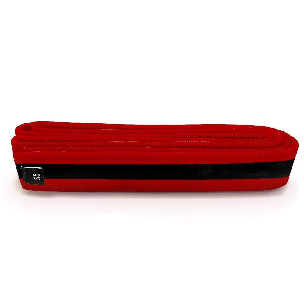 Martial Arts Polyester Belt; Choose Color (Black Stripe), 1.5 in. Width, 8 Rows of Stitching for Karate, Taekwondo, Judo, MMA (Red, Double Wrap 4 - 106 in.)