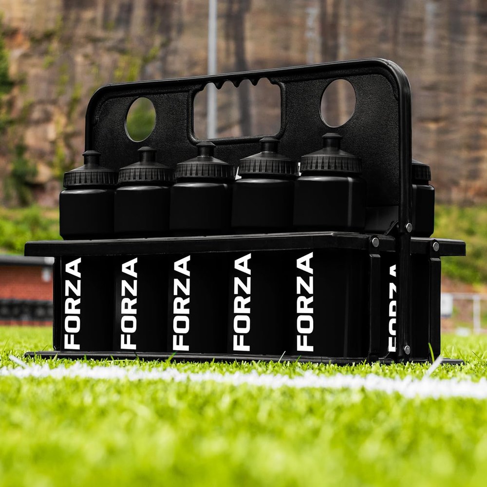 FORZA Team Sports Water Bottles | 25oz Capacity with Portable Carry Bag or Foldable Carrier - BPA-Free Plastic for Hydration on the Go (Foldable Carrier, Black)