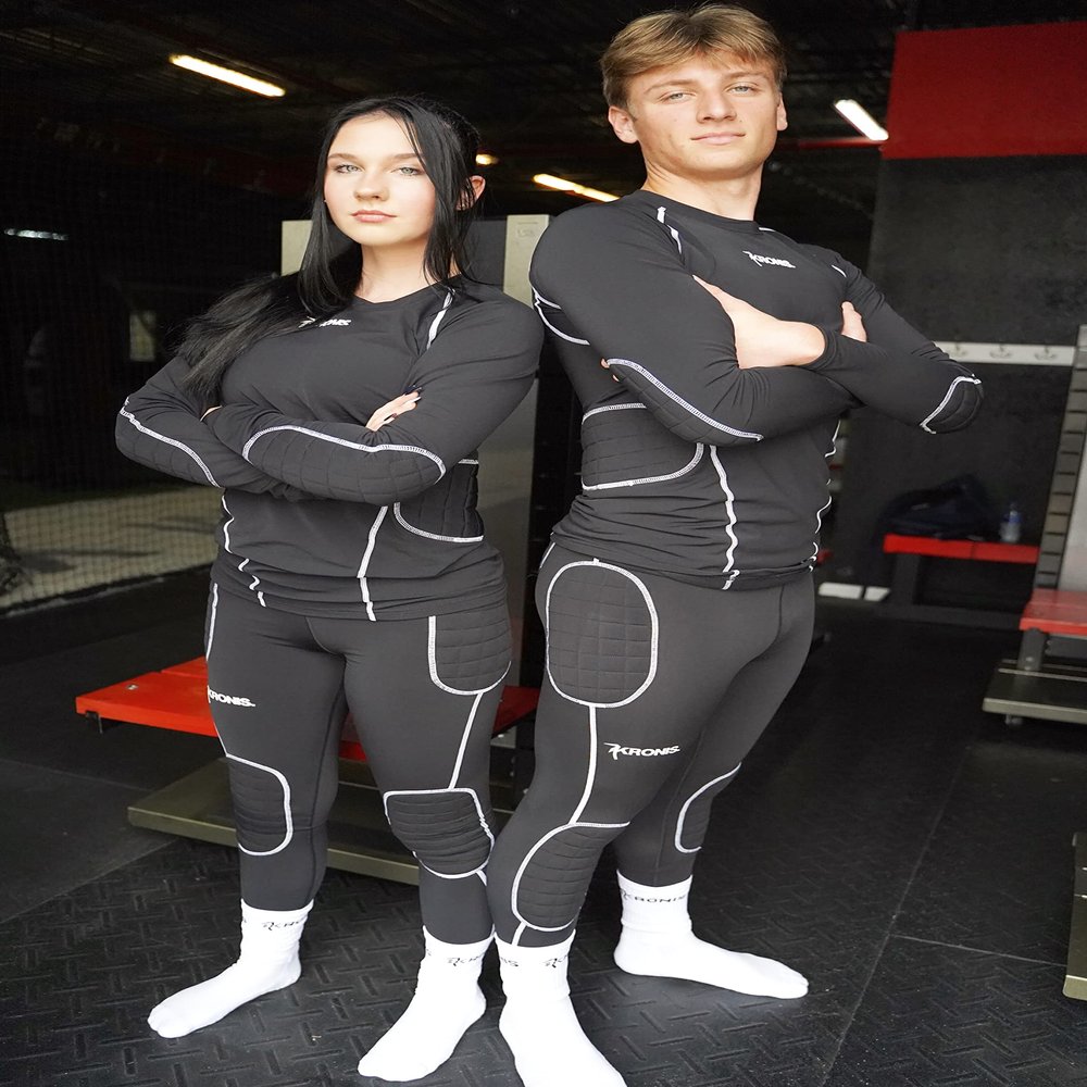 KRONIS Professional Goalkeeper Injury Prevention/Protection Gear |White/Black |Size XXS - XL| Adult & Youth|Designed with Padding for Top Safety (XS, Set (Tights and Top), Black)