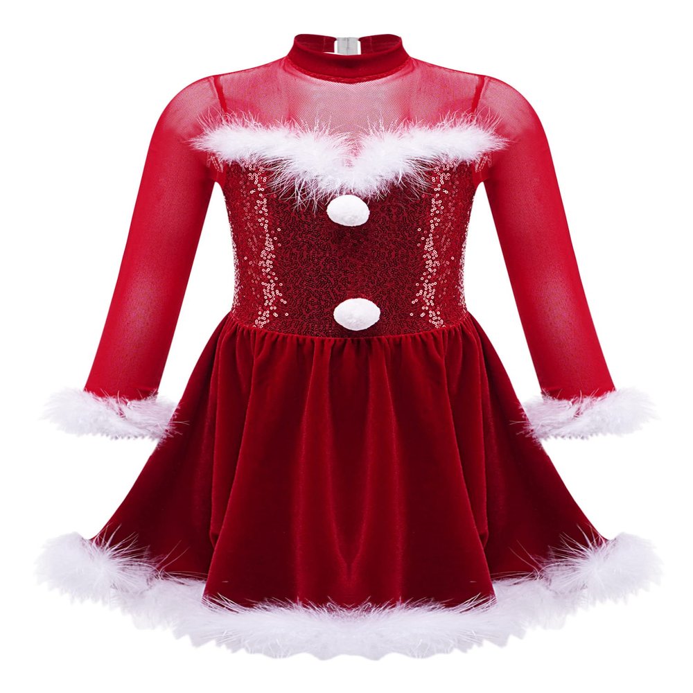 iiniim Girls Kids Faux Fur Figure Ice Skating Dress Christmas Competition Dance Wear Costume Red A 16 Years