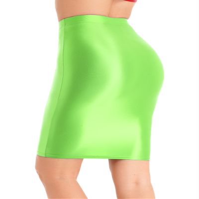 LiiYii Women's Shiny Oily Opaque Skirt Club Wear Sheer High Waisted Skirts Hip Skirt Shape Tight Fluorescent Green X-Large
