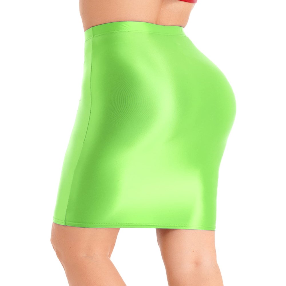 LiiYii Women's Shiny Oily Opaque Skirt Club Wear Sheer High Waisted Skirts Hip Skirt Shape Tight Fluorescent Green X-Large
