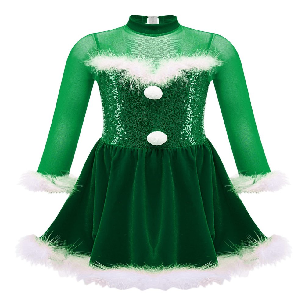 iiniim Girls Kids Faux Fur Figure Ice Skating Dress Christmas Competition Dance Wear Costume Green A 14 Years