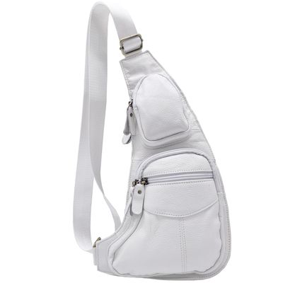 Small Leather Sling Bag Casual Crossbody Daypack for Men Women Outdoor Travel Camping Hiking Fishing Shoulder Chest Pack (White)