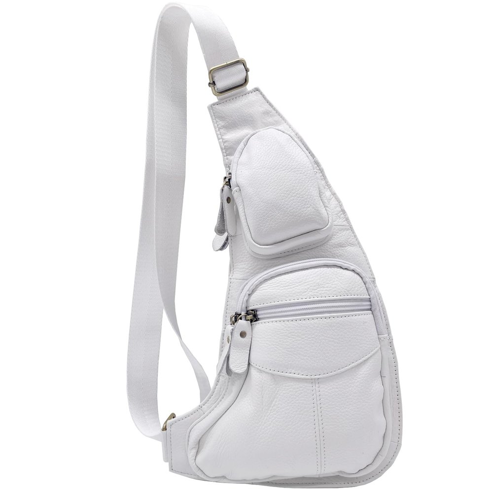 Small Leather Sling Bag Casual Crossbody Daypack for Men Women Outdoor Travel Camping Hiking Fishing Shoulder Chest Pack (White)