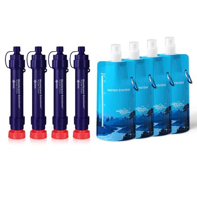 Membrane Solutions S2 Detachable Water Filter Straw (Pack of 4) with 23oz Collapsible Squeezable Water Pouch (Set of 4)