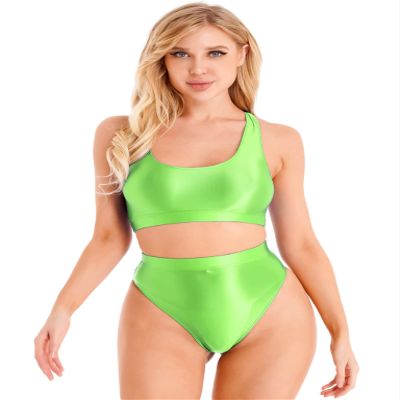 Sholeno Womens Two-Piece Swimsuit Underwear Glossy U Neck Sleeveless Crop Tank Top with Briefs 3# Fluorescent Green Medium