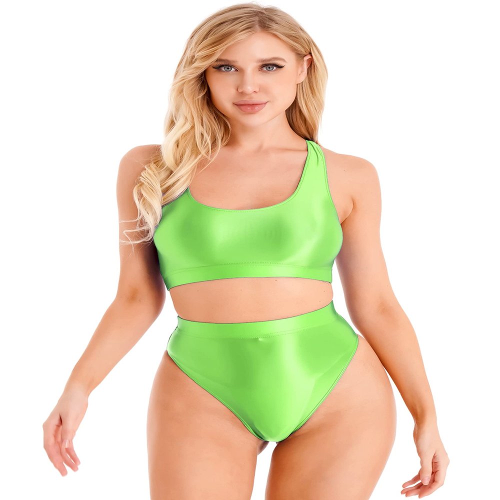 Sholeno Womens Two-Piece Swimsuit Underwear Glossy U Neck Sleeveless Crop Tank Top with Briefs 3# Fluorescent Green Medium