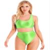 Sholeno Womens Two-Piece Swimsuit Underwear Glossy U Neck Sleeveless Crop Tank Top with Briefs 3# Fluorescent Green Medium view 1