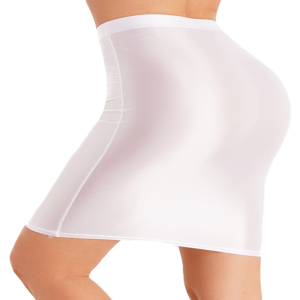 Hularka Women's Oily Opaque High Waisted Solid Tight Club Skirt Bodycon Package Hip Short Skirts White Medium