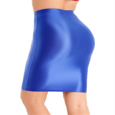 Zaldita Women's High Waisted Elasticity Pencil Skirt Oily Opaque Smooth Skirt for Nightclub Party Blue X-Large