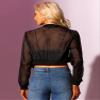 Allegra K Mesh Crop Jacket for Women's Party Club Lightweight Long Sleeve Bomber Sheer Jacket X-Small Black view 3