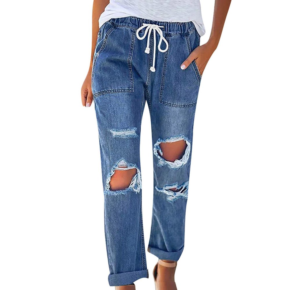 Maiyifu-GJ Women Pull On Distressed Denim Joggers Drawstring Elastic Waist Ripped Stretch Jeans Hole High Waist Stretch Pants (Dark Blue,Small)
