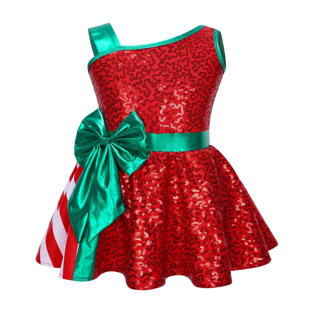 Moily Kids Girls Christmas Dance Sequins Figure Skating Dress Tutu Ballet Leotard Holiday Party Fancy Striped Red&Green 12 Years
