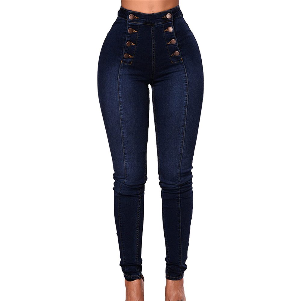 Maiyifu-GJ Women's Double Breasted High Waist Jeans Stretch Butt Lifting Button Down Denim Pants Retro Skinny Jean Trousers (Dark Blue,XX-Large)
