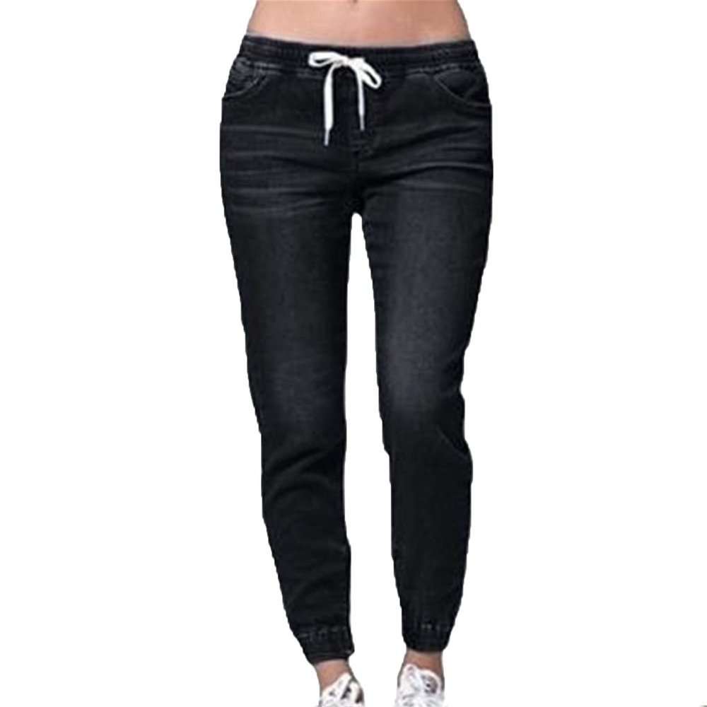 Maiyifu-GJ Women's Elastic Waist Denim Joggers Jeans Casual Drawstring Stretch Jeans Skinny Workout Jean Trousers Leggings (Black 1,4X-Large)