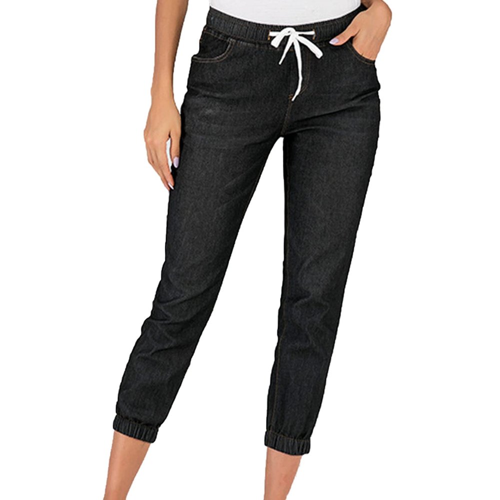 Maiyifu-GJ Women's Elastic Waist Denim Joggers Jeans Casual Drawstring Stretch Jeans Skinny Workout Jean Trousers Leggings (Black 2,X-Large)