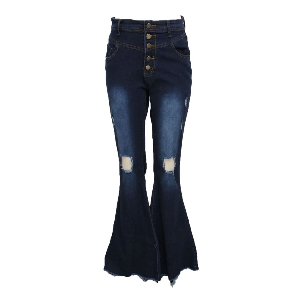 Women 5 Button Bell Bottom Jeans Classic Destroyed Raw Hem Denim Pants Ripped Distressed High Waisted Flared Jean (Dark Blue,Small)