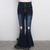 Women 5 Button Bell Bottom Jeans Classic Destroyed Raw Hem Denim Pants Ripped Distressed High Waisted Flared Jean (Dark Blue,Small) view 2