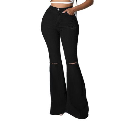 Bell Bottom Jeans for Women Ripped High Waisted Flared Denim Pants Classic Hole Retro Skinny Jean Trousers (Black,Small)