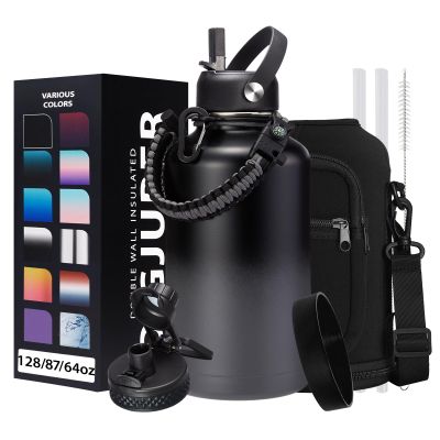 Half Gallon Insulated Water Bottle - with Straw & Spout Lid, Paracord Handle & Carrier Bag, Protective Cup Mat, 64oz Vacuum Stainless Steel Water Bottle, Metal Vacuum Flasks Keep Cold 48h Hot 24h