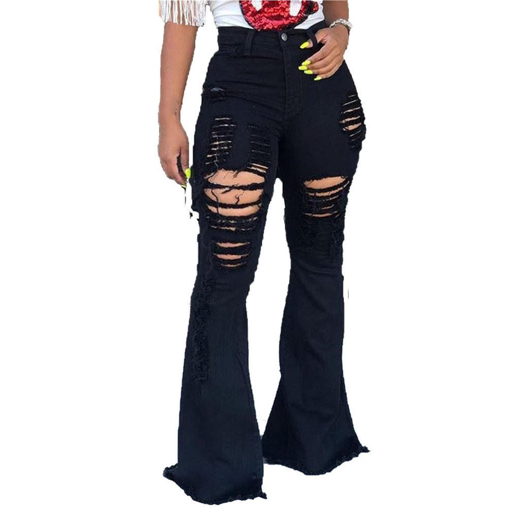Women's Classic Ripped Flare Jeans High Waisted Bell Bottom Denim Pants Destroyed Raw Hem Wide Leg Jean Trousers (Black,XX-Large)