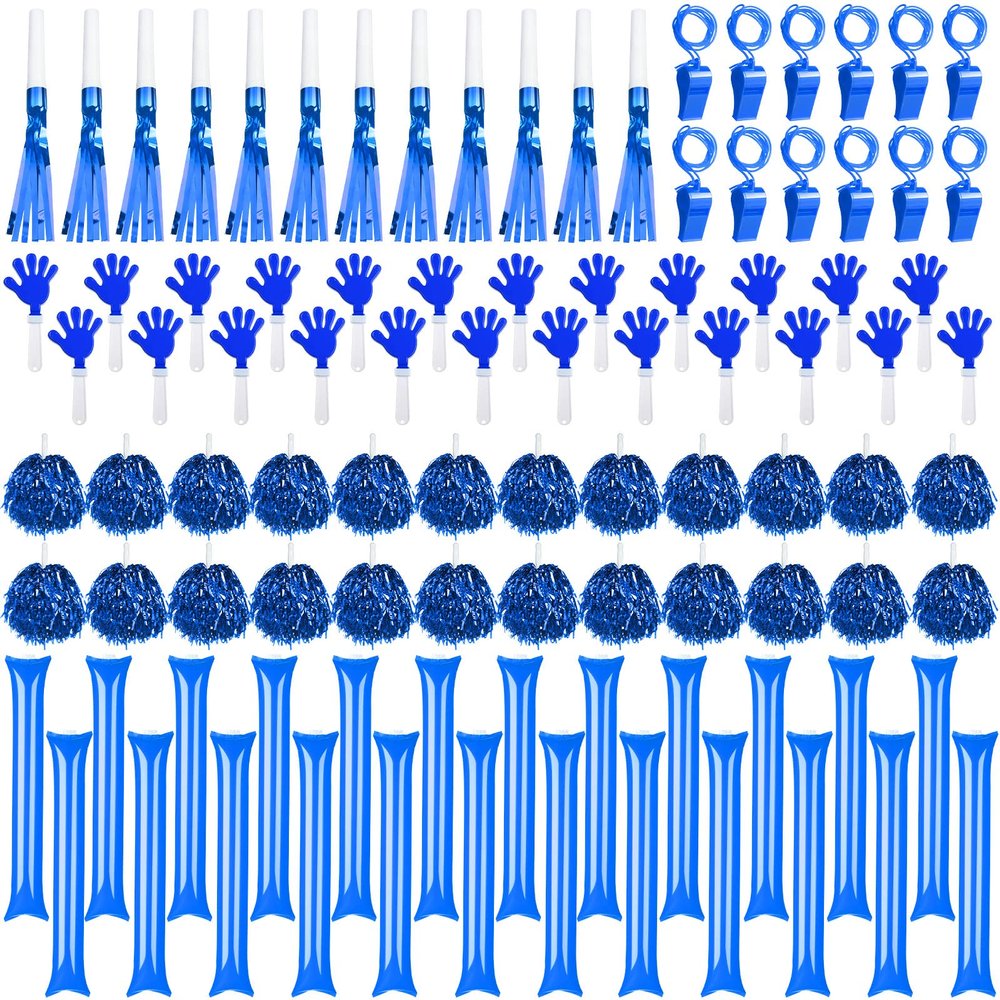 Yunsailing 96 Pcs Homecoming Noisemakers Team Spirit Accessories for Game Day Include Hand Clappers Cheerleading Pom Pom Thunder Stick Cheer Party Blower Plastic Whistle for Sport Fans(Blue)