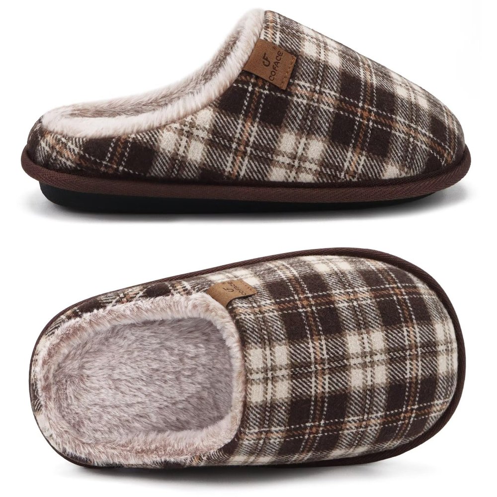 COFACE Mens Brown Khaki Flano Plaid Cozy Memory Foam Scuff Slippers Slip On Warm House Shoes Indoor/Outdoor With Best Arch Support Size 9