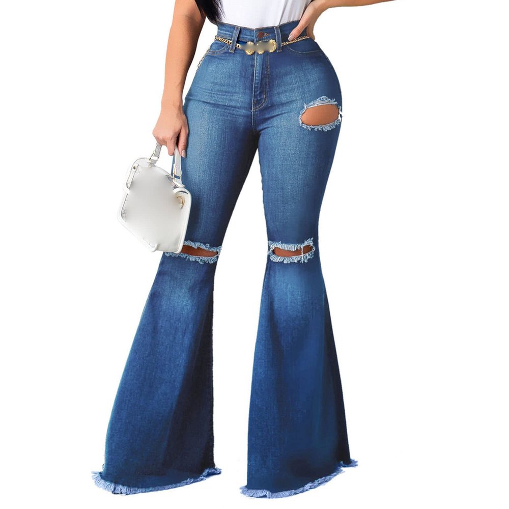 Women's Classic Ripped Flare Jeans High Waisted Bell Bottom Denim Pants Destroyed Raw Hem Wide Leg Jean Trousers (Blue,Large)