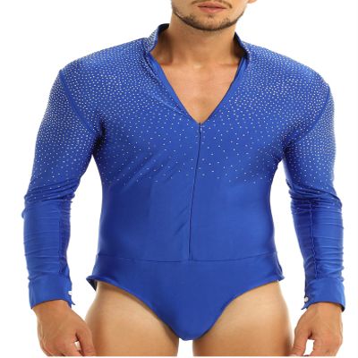 Daenrui Men's V Neck Dance Shirts Bodysuit Unitard Ballroom Modern Latin Dance Costume Dancewear Blue X-Large
