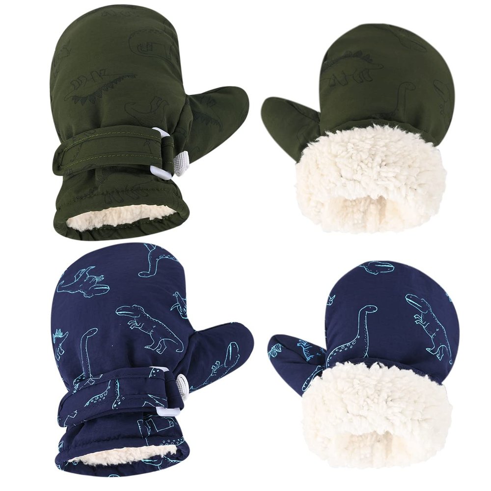 Weradau Fleece Lined Mittens for Baby Boys Girls,Baby Toddler Little Kids Winter Gloves Mittens - 2 Pair Pack (6-24 months, 2pairs - Army green & Dark blue)