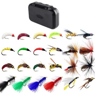 Qievcrme Fly Fishing Flies Kit 40/137pcs Dry/Wet Flies Assortment Nyphms Popper Streamer for Trout Bass Steelhead Fish+ Fly Box (65Pcs-24 Mixed Styles)