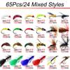 Qievcrme Fly Fishing Flies Kit 40/137pcs Dry/Wet Flies Assortment Nyphms Popper Streamer for Trout Bass Steelhead Fish+ Fly Box (65Pcs-24 Mixed Styles) view 2