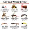 Qievcrme Fly Fishing Flies Kit 40/137pcs Dry/Wet Flies Assortment Nyphms Popper Streamer for Trout Bass Steelhead Fish+ Fly Box (100Pcs-9 Mixed Styles) view 2