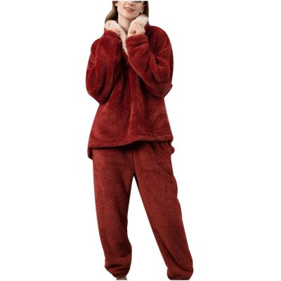Ctreela Women's Oversized Pajamas Fuzzy Lounge Set for Women 2 Piece Pjs Set Winter Warm Baggy Pajama Fleece Sleepwear Wine