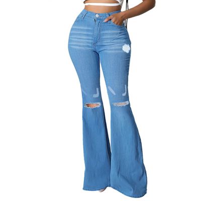 Bell Bottom Jeans for Women Ripped High Waisted Flared Denim Pants Classic Hole Retro Skinny Jean Trousers (Blue,Small)